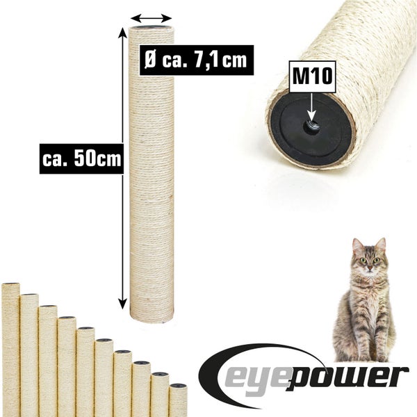 Sisal-Kratzstamm für Katzen, Höhe circa 50 Zentimeter, Durchmesser circa 7,1 Zentimeter, M10 Gewinde, eyepower Logo.