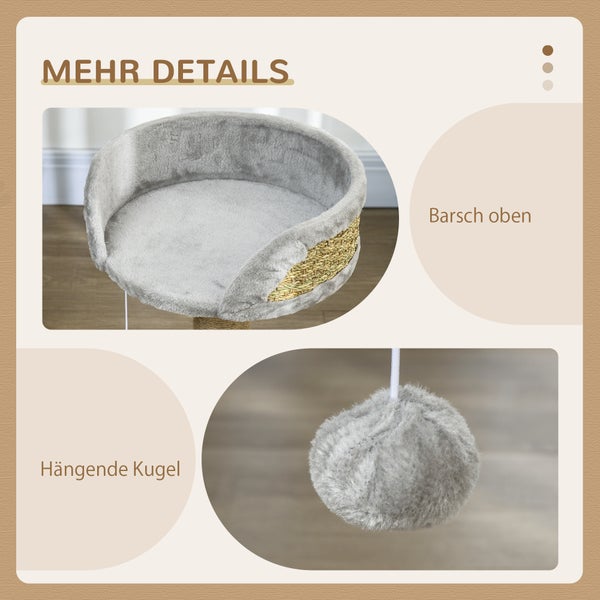 PawHut Kratzbaum klein, 49 cm Katzenbaum, Katzenkratzbaum mit Spielball, Liegefläche, Kletterbaum für Katzen bis 4 kg, Katzenmöbel, Jute Grau