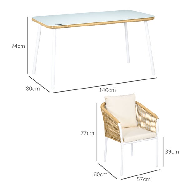 Outsunny 5tlg. Polyrattan Gartenmöbel Set, Esstisch mit 4 Stapelstühlen, mit Tischplatte aus Hartglas, 140L x 80B x 74H cm, PE-Rattan, Aluminium, Gelb