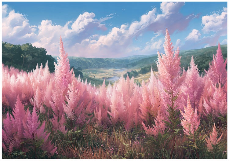 Illustration einer Landschaft mit rosa Astilbenblüten im Vordergrund