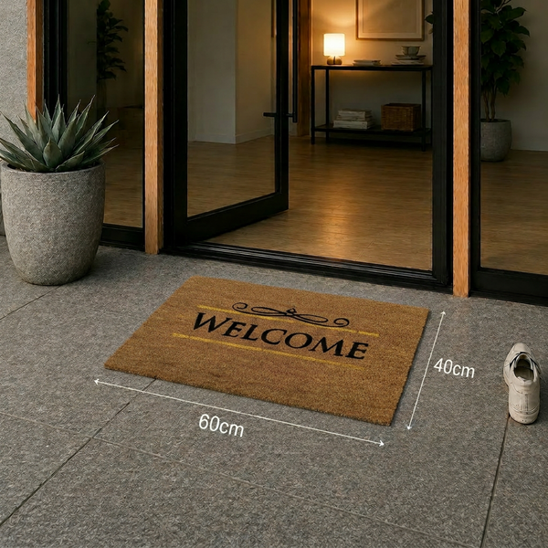 Rechteckige Kokos-Fußmatte mit schwarzem Welcome-Schriftzug, 60 mal 40 Zentimeter, vor einer gläsernen Haustür in einem hellen Eingangsbereich.