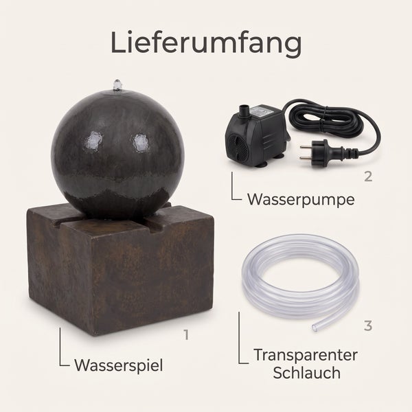 Lieferumfang eines Gartenbrunnens bestehend aus Wasserspiel mit Kugel auf Sockel, elektrischer Wasserpumpe und transparentem Schlauch.