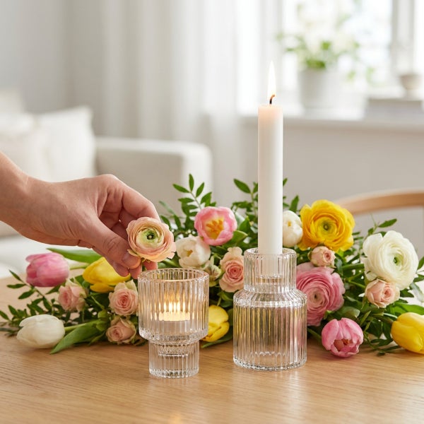 Zwei geriffelte Kerzenhalter aus Glas auf einem Holztisch mit frischen Frühlingsblumen und brennender Stabkerze in einem wohnlichen Ambiente.