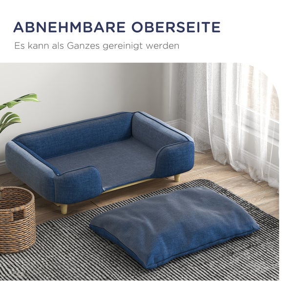 PawHut Hundesofa, Haustiersofa mit Kissen, Hundebett mit Erhöhtem Design, Katzensofa, Hundecouch, Hundesessel mit Holzbeine, Polyester, Dunkelblau, 96 x 66 x 24 cm