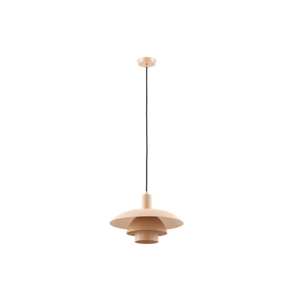 Moderne Pendelleuchte aus Metall mit mehrstufigem, rundem Schirm in Beige und schwarzem Kabel.