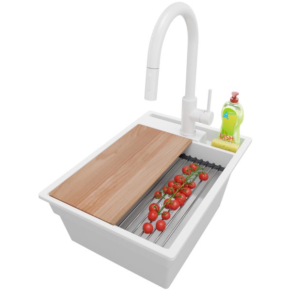 PRIMAGRAN Granitspüle Alles Weiß 38x53cm, Spülbecken 1 Becken + Küchenarmatur 40x20cm + Ablauf-Set + Küchenzubehörset, Küchenspüle ab 40er Unterschrank - Oslo Pocket