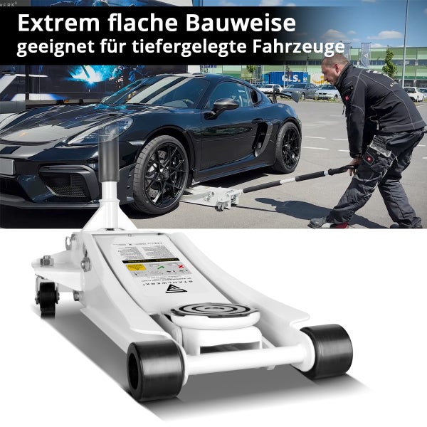 Weißer Wagenheber zum Anheben eines schwarzen Autos