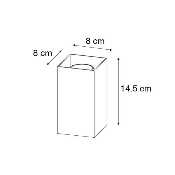 Technische Zeichnung einer Wandleuchte mit den Maßen 8 cm x 8 cm x 14,5 cm.