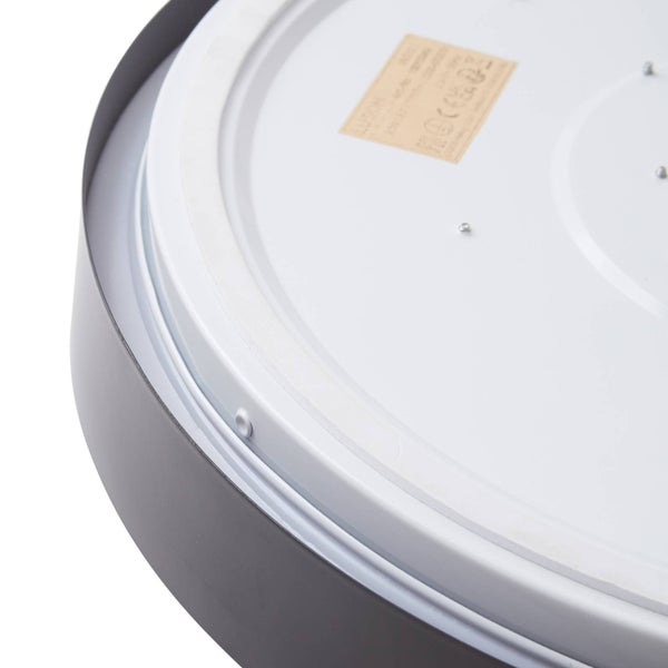 Detailansicht der Rückseite einer runden Deckenleuchte mit Gehäuse und technischem Aufkleber.