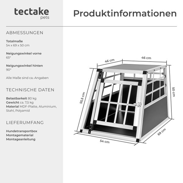 Produktinformationen zur Hundetransportbox mit Maßangaben