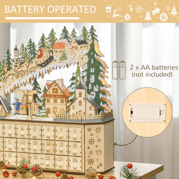 Beleuchteter Holz-Adventskalender mit 24 Schubladen und Winterszene, batteriebetrieben mit zwei AA-Batterien.