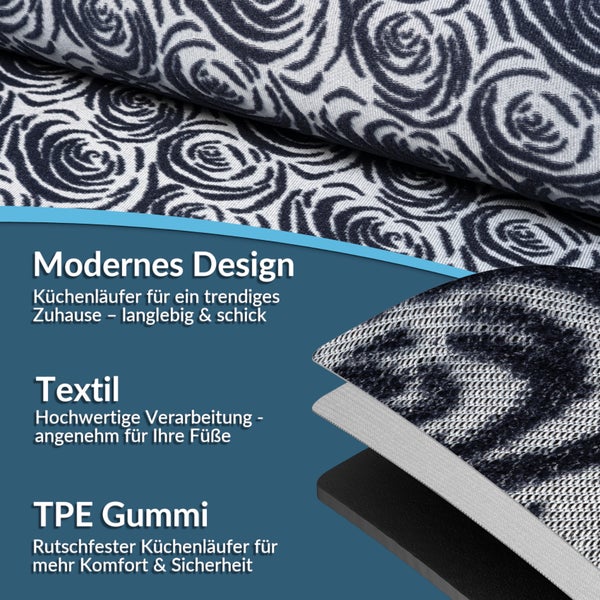 Küchenläufer mit Blumenmuster und mehrschichtiger Struktur aus Textil und TPE Gummi