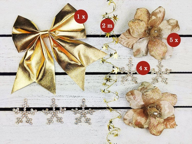 Weihnachtsdekoration Set mit Schleife, Sternengirlande, Blumen und Schneeflocken Anhängern für die festliche Dekoration