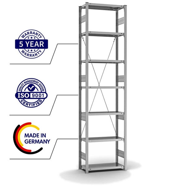 PROREGAL Fachbodenregal Stecksystem T-Profil Heavy-Duty Grundregal HxBxT 300 x 75 x 30 cm 7 Ebenen Fachlast 300 kg Einseitig Nutzbar Verzinkt