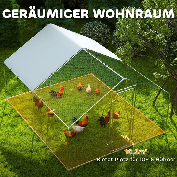 Geräumiges begehbares Hühnergehege aus Metall mit Schutzdach auf einer Rasenfläche für circa 10 bis 15 Hühner mit 10,2 Quadratmeter Fläche.