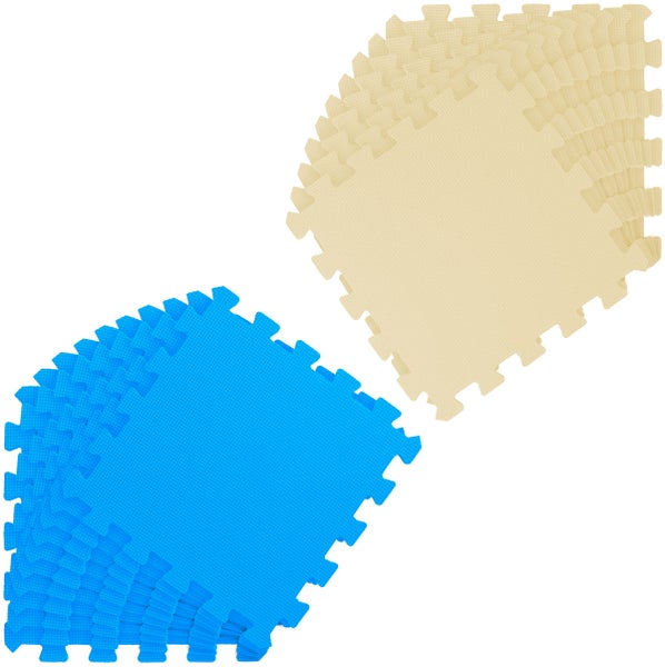 Set aus blauen und beigen Schaumstoffmatten mit strukturierter Oberfläche und ineinandergreifenden Puzzle-Kanten für den Bodenschutz.
