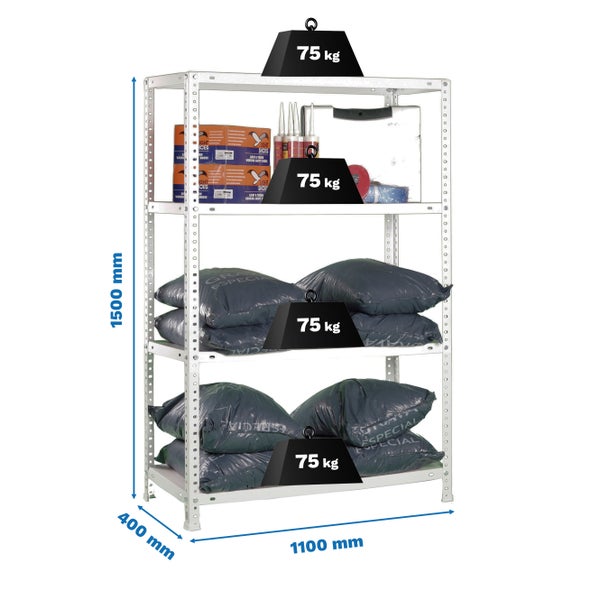 Weißes Metallregal mit 4 Fachböden, Tragkraft 75 Kilogramm pro Boden, Maße 1500 Millimeter hoch, 1100 Millimeter breit und 400 Millimeter tief.