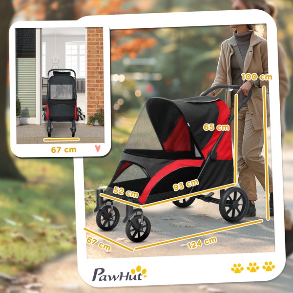 PawHut Hundewagen Hundebuggy klappbar für große Hunde & Katzen bis 30 kg Katzenbuggy mit Kissen Netzfenstern Türen Aufbewahrungstasche Katzenwagen mit Sicherheitsleinen, Bremsen, Buggy Schwarz