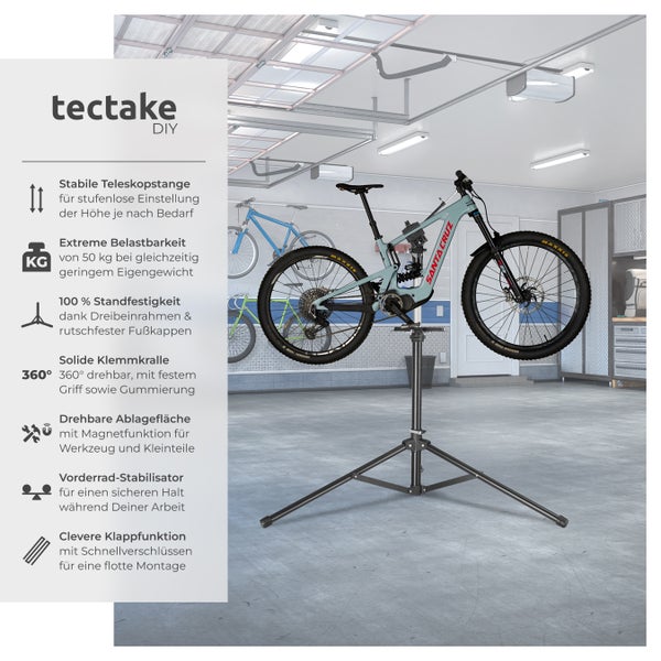 Fahrradmontageständer tectake Tristan inklusive Vorderrad-Stabilisator und magnetischer Werkzeugablage Belastbarkeit 50 kg, klappbar mit Schnellverschlüssen schwarz