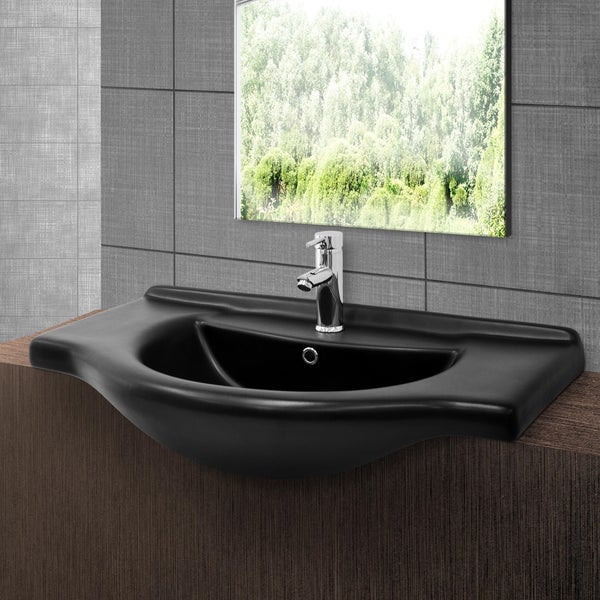 ML-Design Waschbecken Keramik Schwarz matt 87x50,5x22,5 cm Oval mit Ablaufgarnitur, Einbauwaschbecken mit Hahnloch/Überlauf, Aufsatzwaschbecken Einbauwaschtisch Waschschale Waschplatz Handwaschbecken