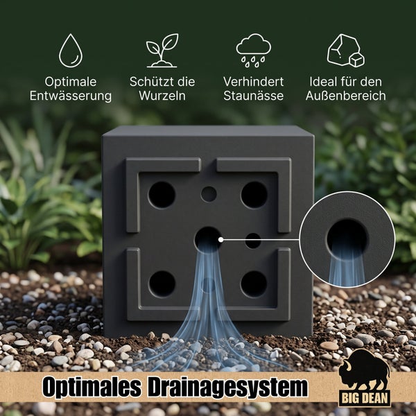 Big Dean Pflanzkübel mit Drainagesystem für den Außenbereich, schützt Wurzeln und verhindert Staunässe, quadratisches Design mit Ablauföffnungen.