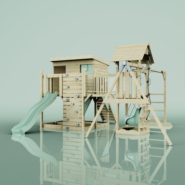 Spielturm mit Rutsche, Schaukel und Kletterwand für den Außenbereich