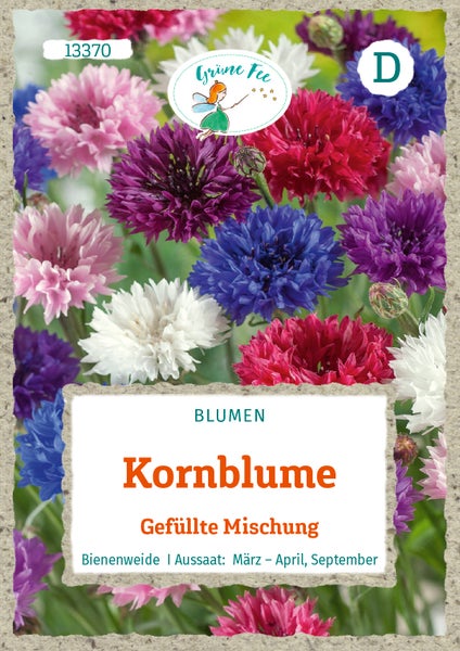 Samentüte Kornblumen, gefüllte Mischung, Marke Grüne Fee, bienenfreundlich, Aussaat März bis April und September, Grüne Fee Logo.