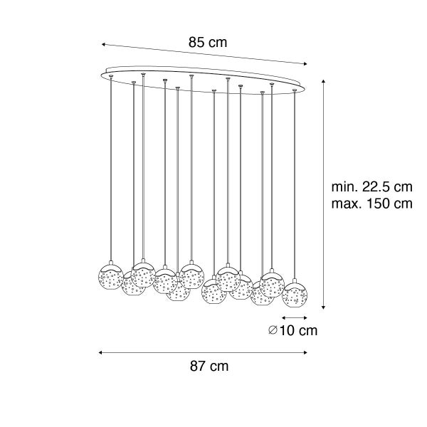 Technische Zeichnung einer Pendelleuchte mit den Maßen 85, 87 und 10 Zentimeter sowie einer minimalen und maximalen Höhe von 22,5 beziehungsweise 150 Zentimetern.