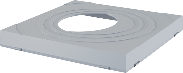 Quadratische Adapterplatte aus Kunststoff mit runder Mittelöffnung und konzentrischen Ringmarkierungen.