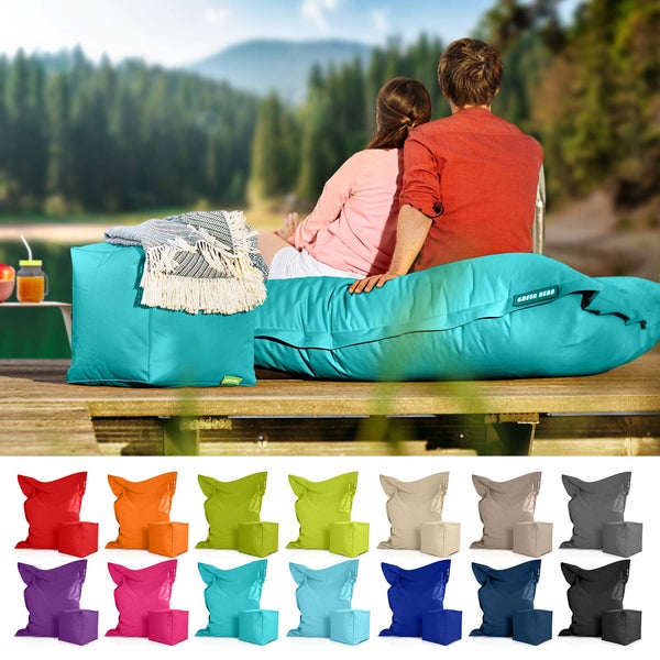 Green Bean 2er Set XXL Sitzsack inkl. Pouf fertig befüllt mit EPS-Perlen - Riesensitzsack 140x180 Lounge Sitz-Kissen Bean-Bag Chair  - Türkis