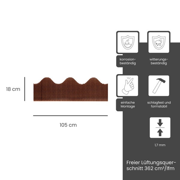 Belüftungsprofil für das Dach mit Ziegelmuster, 105 Zentimeter lang, 18 Zentimeter hoch. Korrosions- und witterungsbeständig sowie schlagfest.