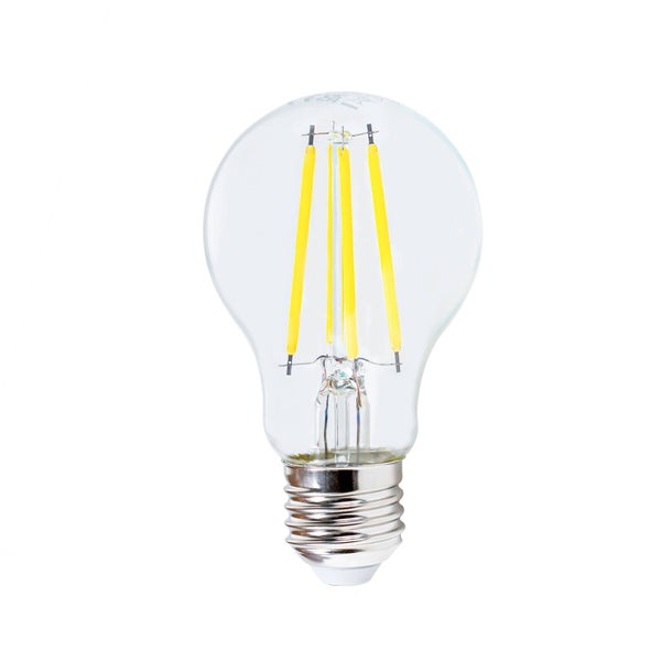 LED-Filament-Leuchtmittel A60 mit E27-Sockel aus klarem Glas.