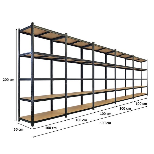 Langes Schwerlastregal mit fünf Ebenen und den Maßen 200 x 500 x 50 Zentimeter