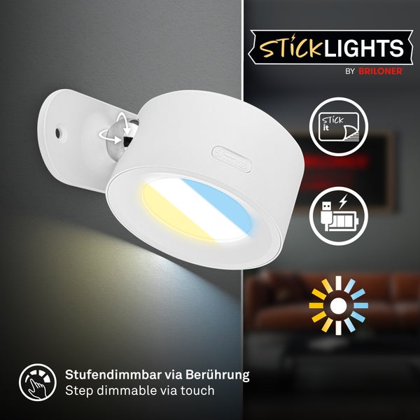 Weiße LED-Wandleuchte StickLights von Briloner, stufendimmbar per Berührung, schwenkbar, mit Akku und USB-Ladefunktion.