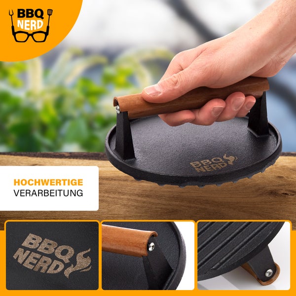 BBQ Nerd Fleischpresse aus Gusseisen mit Holzgriff - 18 cm rund | Fleischbeschwerer Burgereisen Grillpresse | Grillgewicht für BBQ Fleisch, Burger Patties, Bacon, Käse, Sandwiches etc.