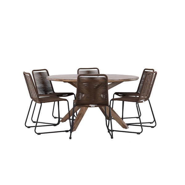 Gartenset mit rundem Holztisch und vier Stühlen mit Seilbespannung