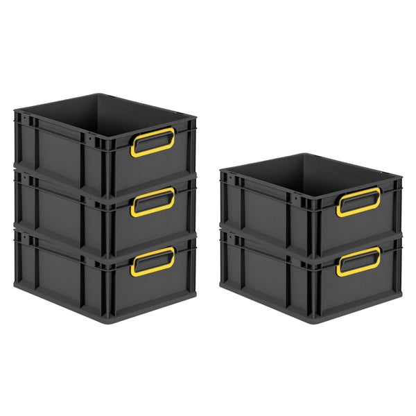 PROREGAL SparSet 5x Eurobox NextGen Color, HxBxT 17x30x40cm, 16 Liter, Griffe gelb geschlossen, Schwarz, Eurobehälter, Transportbox, Transportbehälter, Stapelbehälter