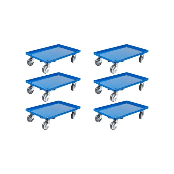 PROREGAL SparSet 6x Transportroller für Euroboxen 60 x 40 cm mit Gummiräder Blau Geschlossenes Deck 4 Lenkrollen Traglast 300 kg