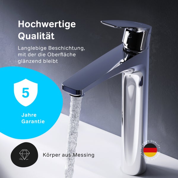 Einhebel Waschtischarmatur aus Messing mit langlebiger Beschichtung, fünf Jahre Garantie und Auslauf mit fließendem Wasser.