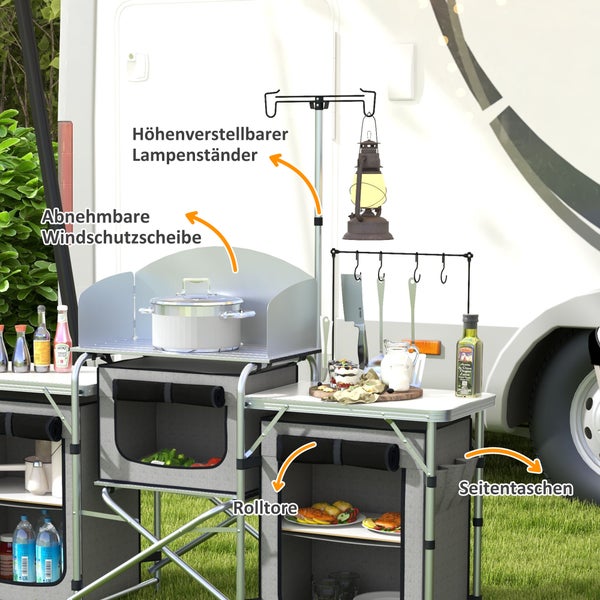 Outsunny Campingküche klappbar, Outdoor Küche mit Windschutz, 3 Schränkfach, 3 Arbeitsplatten, Verstellbar Lichtständer, für Camping, Garten, Aluminium, Oxford, Grau