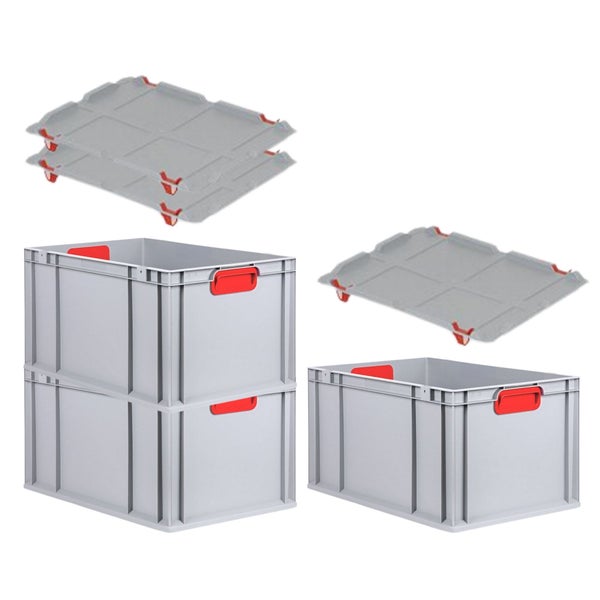 PROREGAL Spar Set 3x Eurobox Nextgen Color Mit Auflagedeckel & Schiebeschnappverschlüsse HxBxT 32 x 40 x 60 cm Griffe Rot Verstärkter Boden