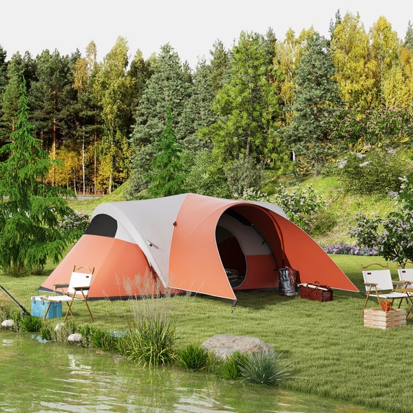 Outsunny Campingzelt, Wasserabweisend Familienzelt für 6 Personen, 550L x 300B x 198H cm, Polyester, PE, Orange