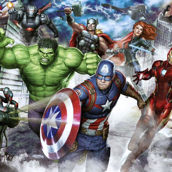 Illustration der Marvel Avengers Superhelden, einschließlich Hulk, Thor, Captain America und Iron Man