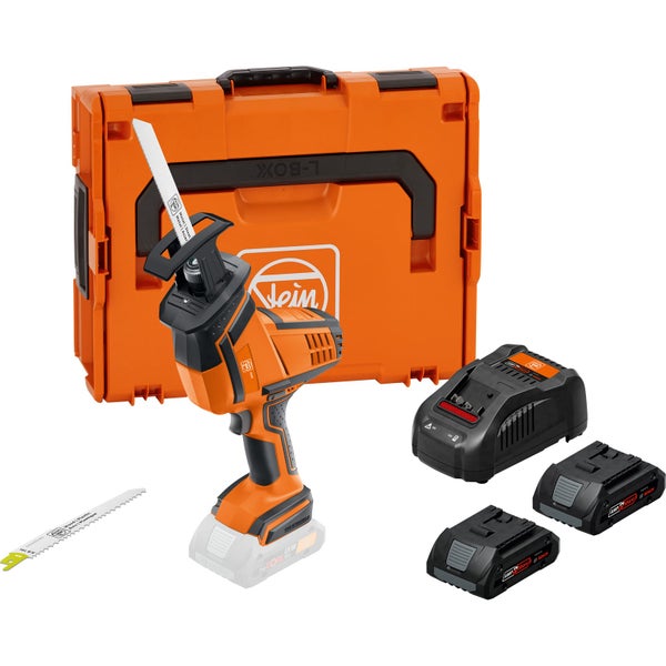 Fein Akku Säbelsäge im Set mit zwei Akkus, Ladegerät, Sägeblättern und L-BOXX Werkzeugkoffer.
