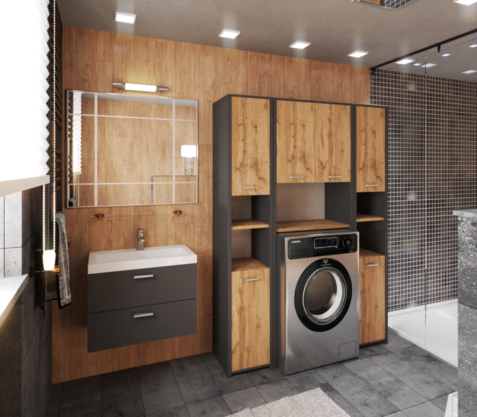 Badezimmer mit Waschbeckenunterschrank, Spiegelschrank, Waschmaschine und Holzwand