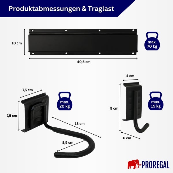 Produktabmessungen und Traglast von Proregal Wandleiste und Haken mit Maßangaben in Zentimetern und Gewichtsangaben in Kilogramm.