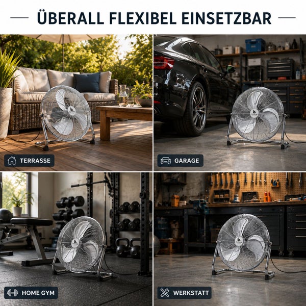 Bodenventilator flexibel einsetzbar auf Terrasse, in Garage, Fitnessraum und Werkstatt.