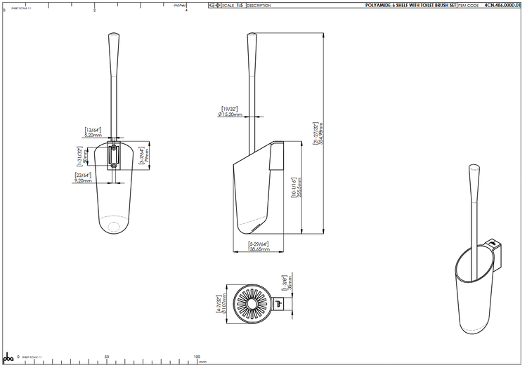 Technische Zeichnung einer WC-Bürstengarnitur aus Polyamid-6 inklusive Halter mit Maßangaben in Millimeter.