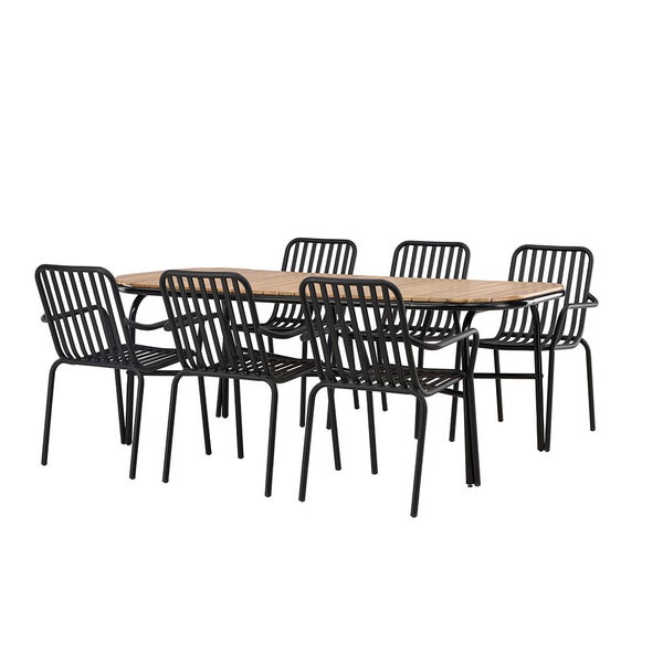 Gartentischgruppe mit sechs Stühlen und einem ovalen Holztisch