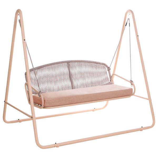 Beige Hollywoodschaukel mit Metallgestell, Seilgeflecht-Rückenlehne und Sitzpolster.